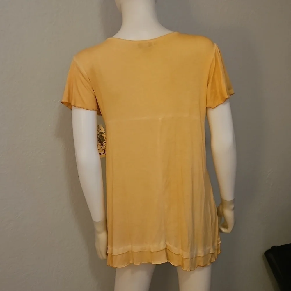 ONE WORLD Canary Yellow Embellished Butterfly Short Sleeve Fairy Tunic Top